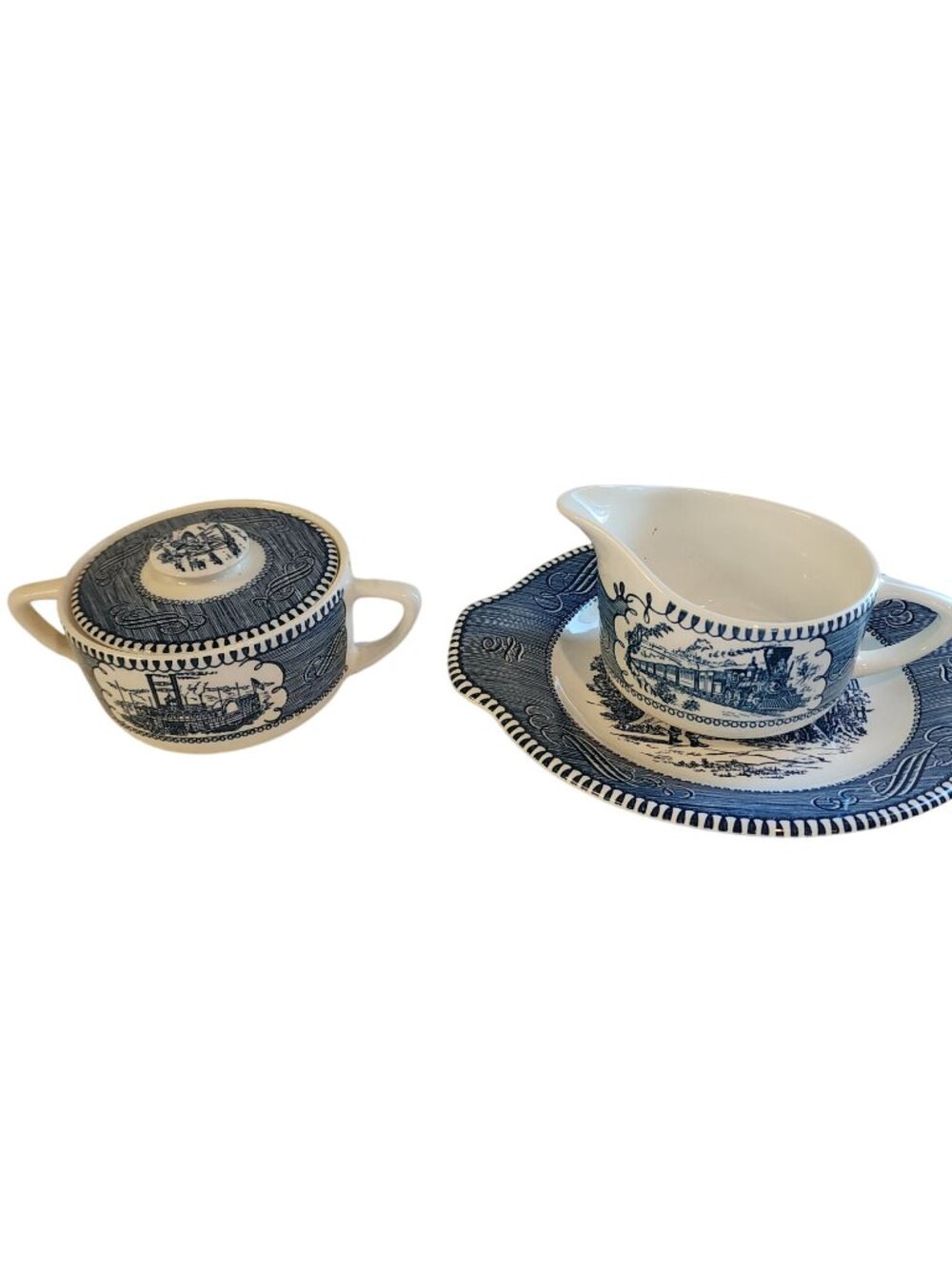 Currier & Ives Blue Sugar Creamer Steamboat